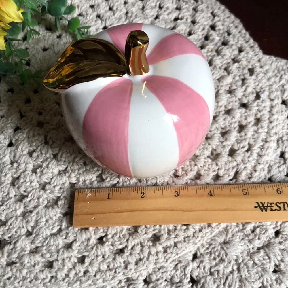 Pink and White Striped Ceramic Apple with Gold Stem